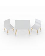 White table and 2 chair set featuring wooden detailed legs and white tips at the end.