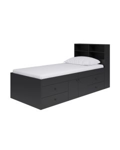 Black cabin bed with a 4 cubby hole headboard storage. It also comes with 4 drawers underneath and a central cupboard.